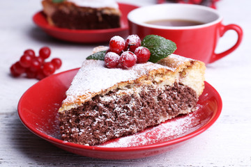 Tasty homemade pie on table