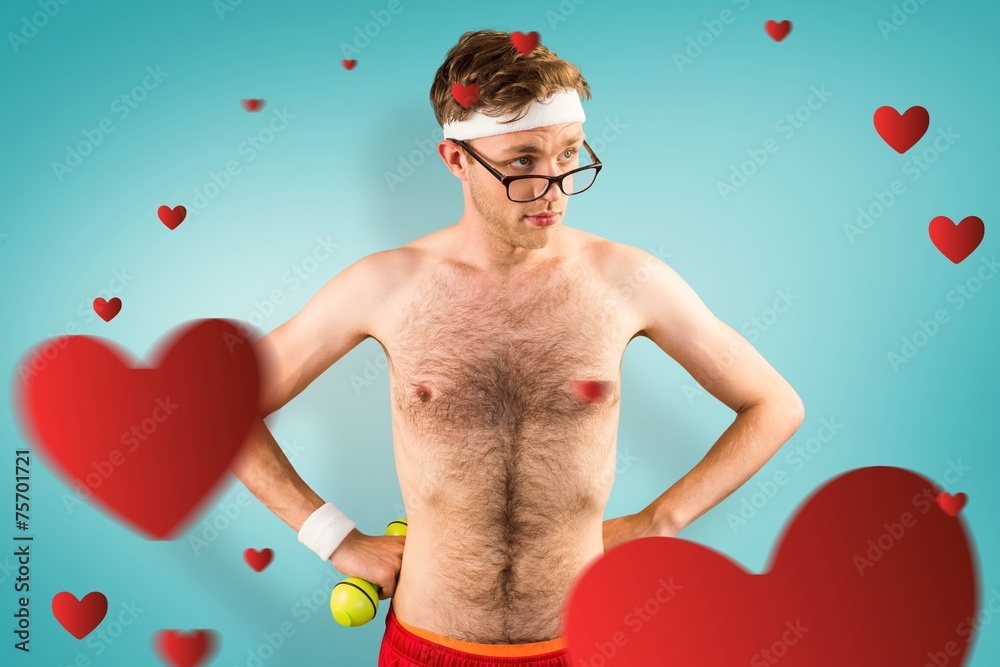 Poster Composite image of geeky shirtless hipster posing with dumbbell