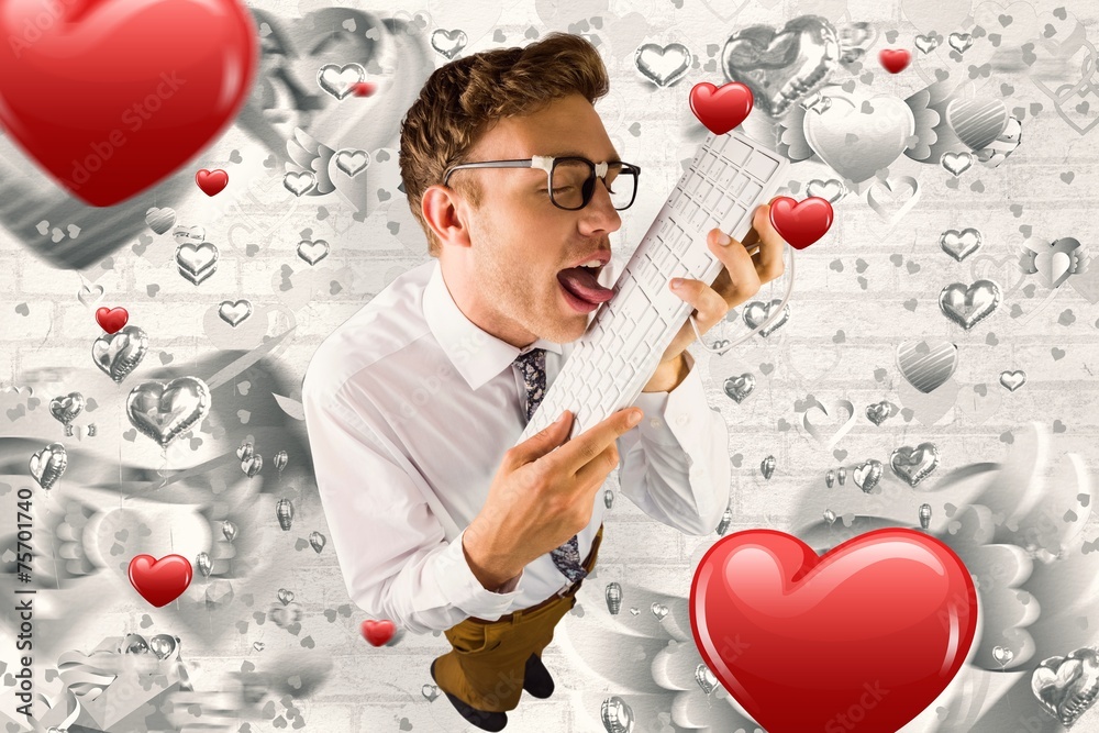 Poster composite image of geeky businessman licking his keyboard
