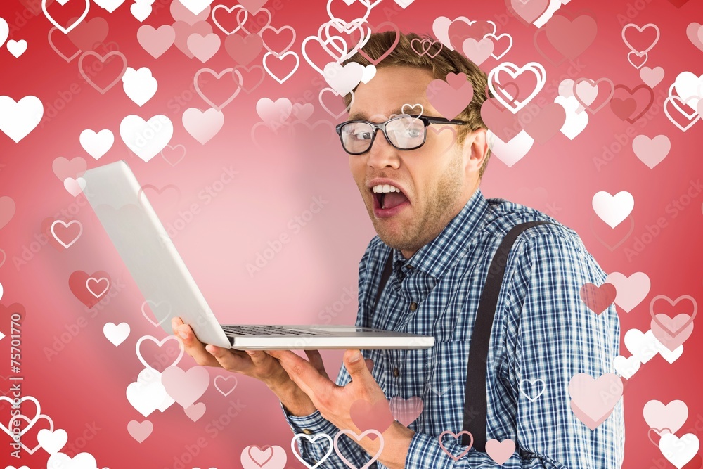 Poster composite image of geeky businessman using his laptop