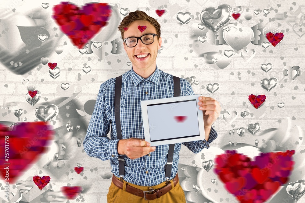 Poster composite image of geeky businessman showing his tablet pc