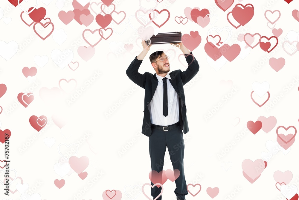 Poster composite image of geeky businessman holding briefcase over head
