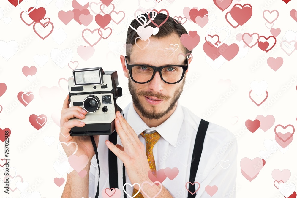 Aufkleber composite image of geeky hipster holding a retro camera
