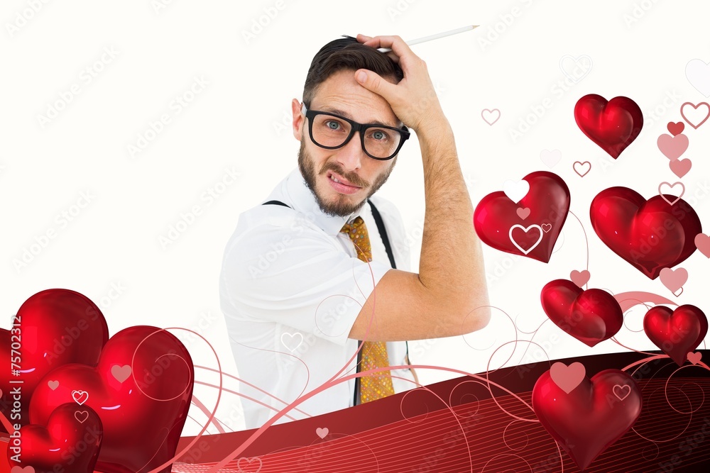 Aufkleber composite image of geeky hipster scratching his head