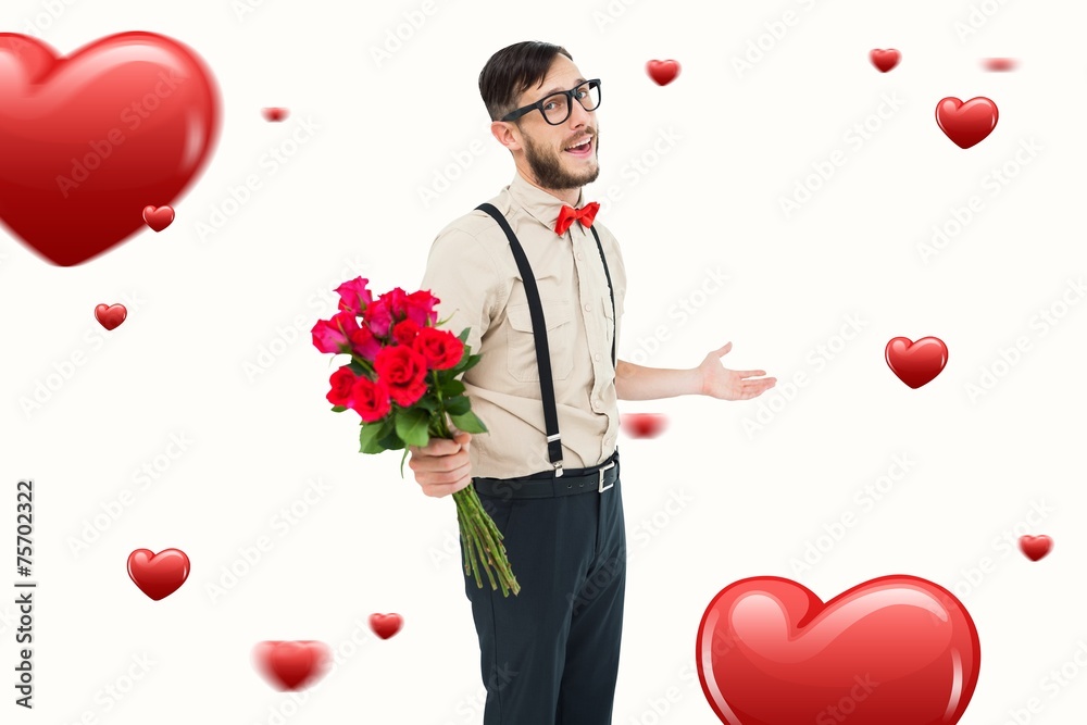 Poster Composite image of geeky hipster offering bunch of roses