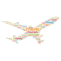 Conceptual travel or tourism plane word cloud