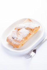 Cottage cheese strudel on white background