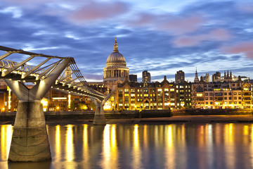 Night view of London St Pauls cathedral over River Thames