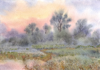Watercolor landscape. Sunrise over the woods and meadows around