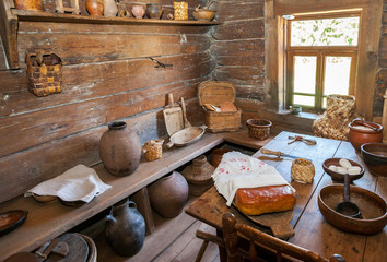 Interior of old rural wooden house in the museum of wooden archi