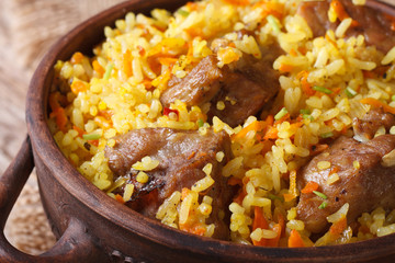 Asian fried rice with meat macro. vertical