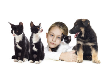 girl and kitten and puppy