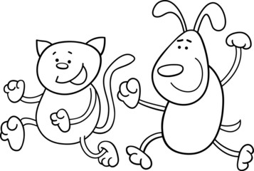 cat and dog playing tag coloring page