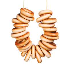 Bagels on rope, isolated on white background