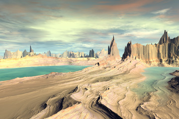 3D rendered fantasy alien planet. Rocks and lake