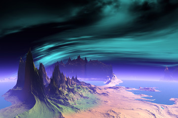 3D rendered fantasy alien planet. Rocks and lake