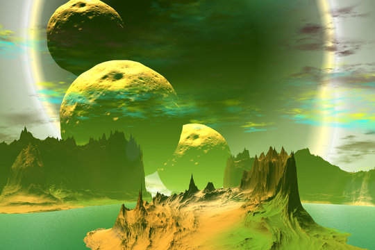 3D rendered fantasy alien planet. Rocks and  moon