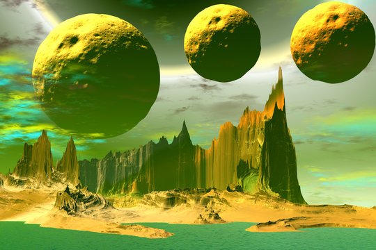 3D rendered fantasy alien planet. Rocks and  moon