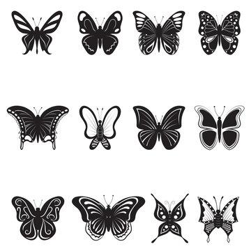butterflies, black silhouettes on white background, vector