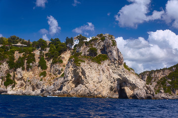 Fototapeta na wymiar Monastery on top of a cliff on the island of Corfu.
