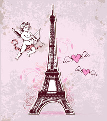 Fototapeta na wymiar Vintage card with Eiffel Tower and cupid
