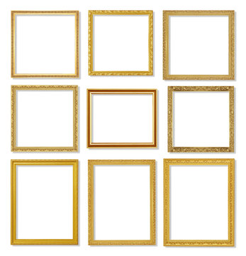 The antique gold frame on the white background