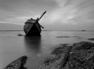 The wrecked ship in black and white , Thailand