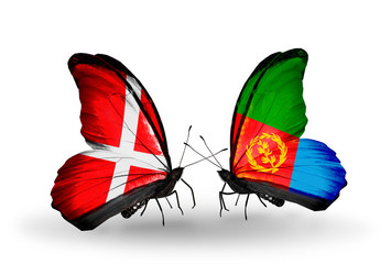 Two butterflies with flags Denmark and Eritrea