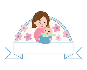 A woman reading to a baby ,flower background and white ribbon