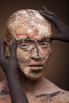 color face art women portrait with monster devil black hands.