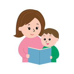 A woman reading a book to a little boy