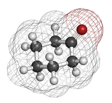 Cyclohexanone organic solvent molecule. Precursor of nylon.