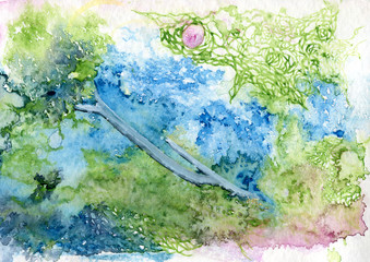 Tree with rose, original watercolor painting.