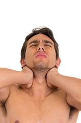 Naklejka premium muscular shirtless man with neck pain