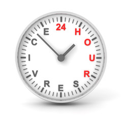Clock with 24 hour service text, 3d render
