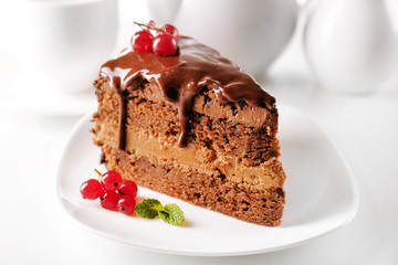 Delicious chocolate cake on plate on table on light background