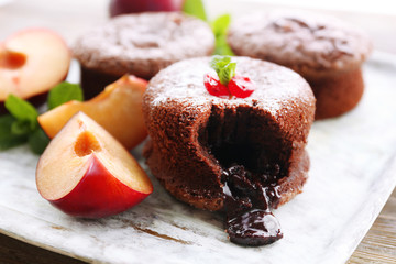 Hot chocolate pudding with fondant centre, close-up