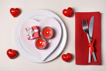 Festive table setting for Valentines Day on light background
