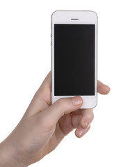 Hand holding mobile smart phone isolated on white