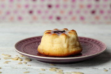 Delicious cheesecake on wooden table