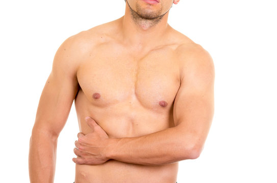 muscular shirtless man with right abdomen pain