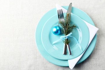 Stylish blue and white Christmas table setting