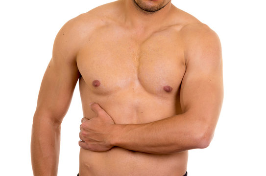 muscular shirtless man with right abdomen pain