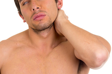 muscular shirtless man with neck pain