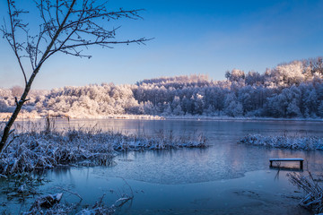 Winter lake at sunrise