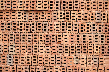 Close up many new bricks background outdoor material