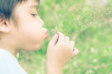 Little boy blow flower in the garden  vintage style