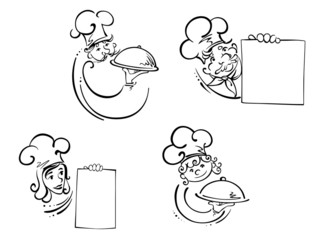 Chefs with food domes and blank cards