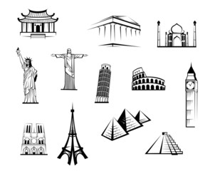 Black and white worldwide landmarks set