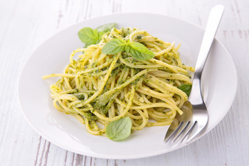 spaghetti and pesto sauce